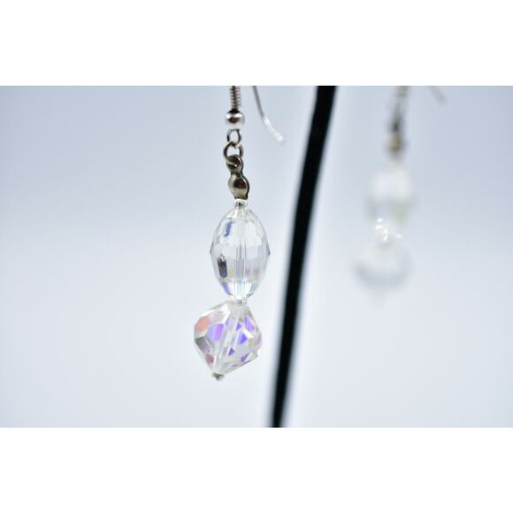 Vintage Crystal Earrings Aurora Borealis Faceted Drop Dangle Shiny 1980s Bin5 - Picture 12 of 12